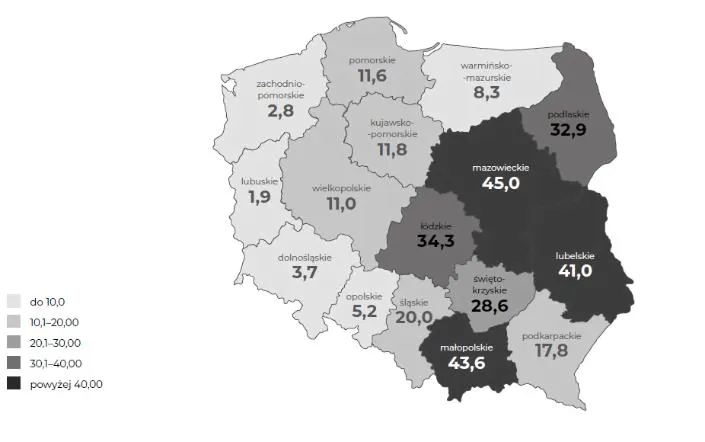 Udział lasów prywatnych w powierzchni leśnej województw
